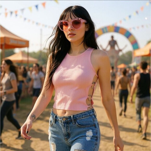 Pink Ribbed Tank Top with O-Ring Hardware by Balboa – Festival Flirt Edition L - Picture 1 of 3
